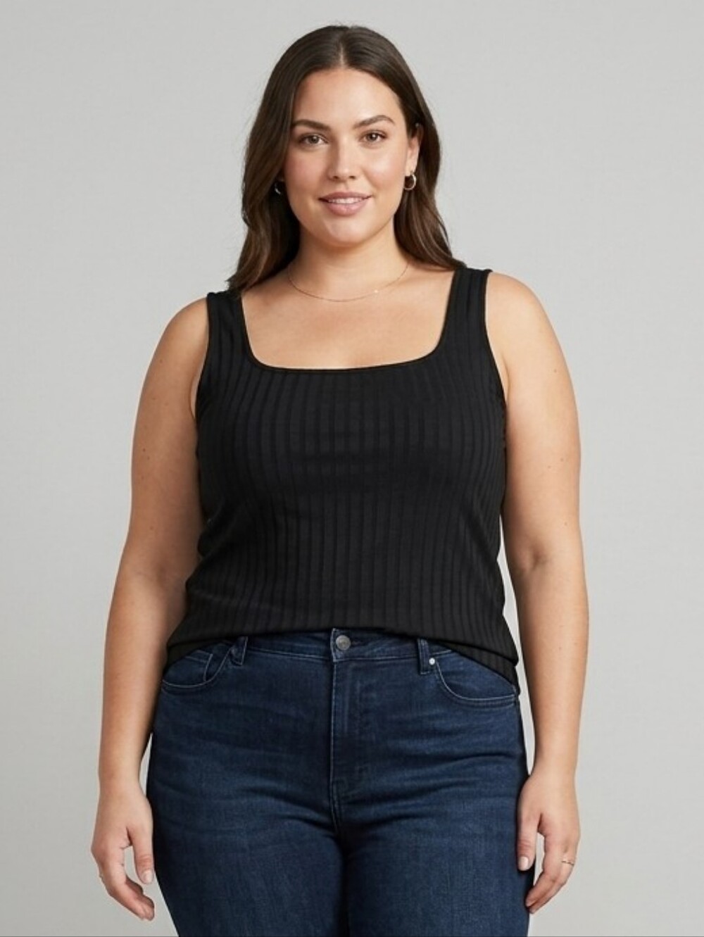 Love & Legend Black Ribbed Square Neck Tank Top, Plus Size 3X